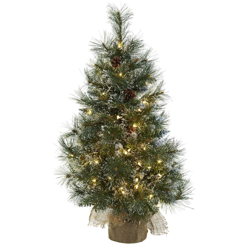 3 ft Christmas Tree w/Clear Lights, Frosted Tips, Pine Cones & Burlap Bag - 3 Foot - Green