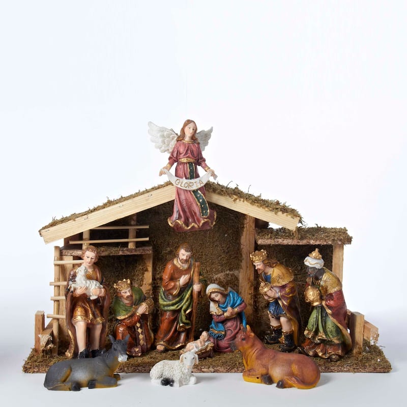 Kurt Adler 12-Piece Nativity Set with Wooden Stable
