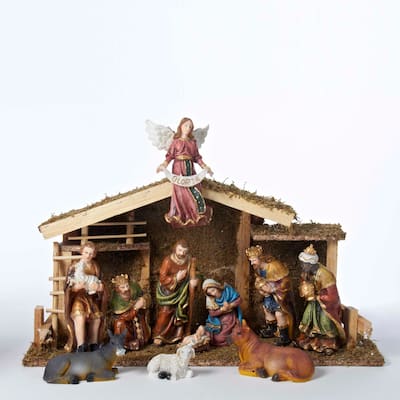 Kurt Adler 12-Piece Nativity Set with Wooden Stable
