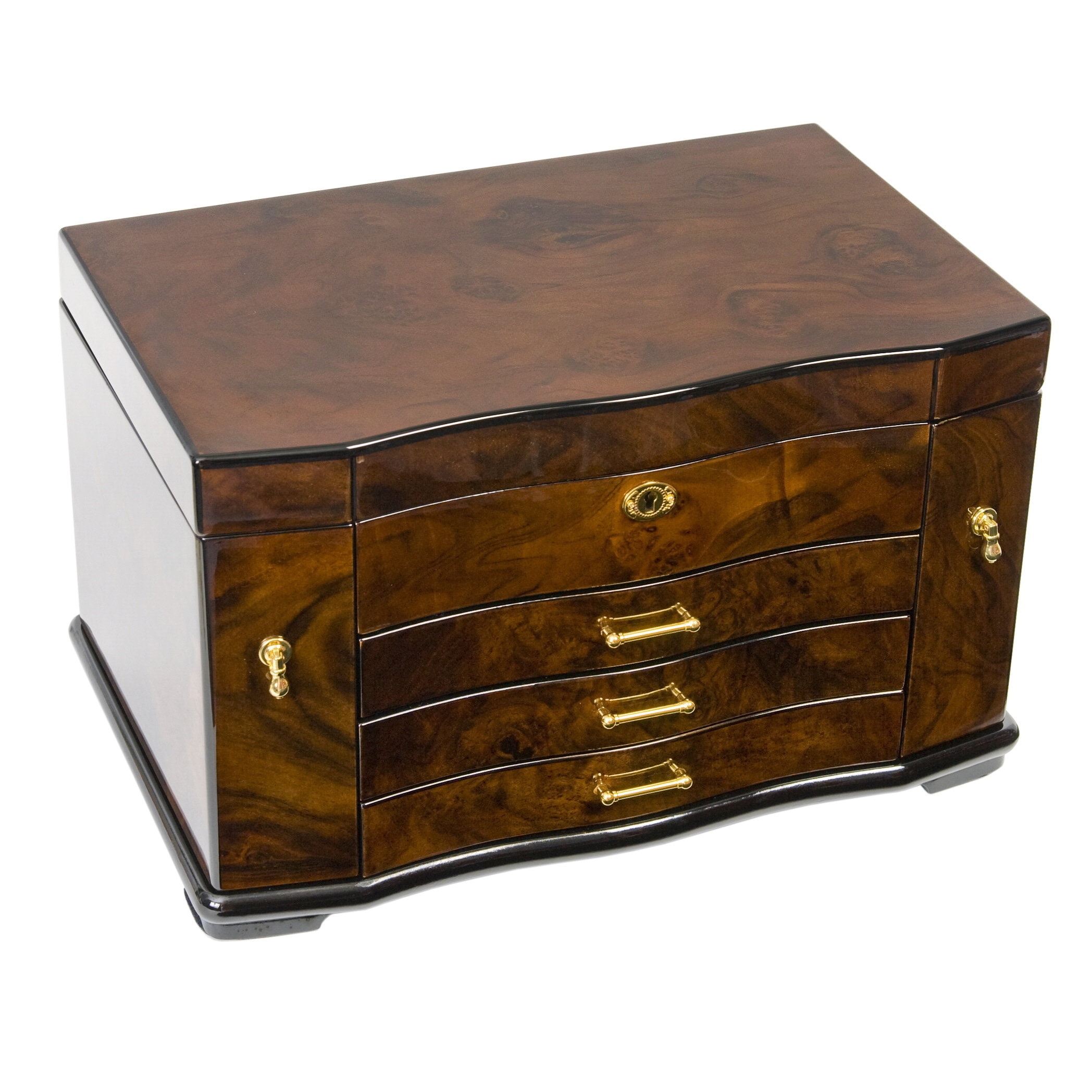 Shop Walnut Burl Inlay Three Drawer With Swing Out Sides Jewelry Box On Sale Overstock 9554131