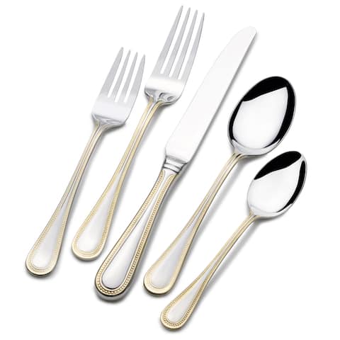 St. James 65-piece Stainless Steel Beaded Gold Accent Flatware Set