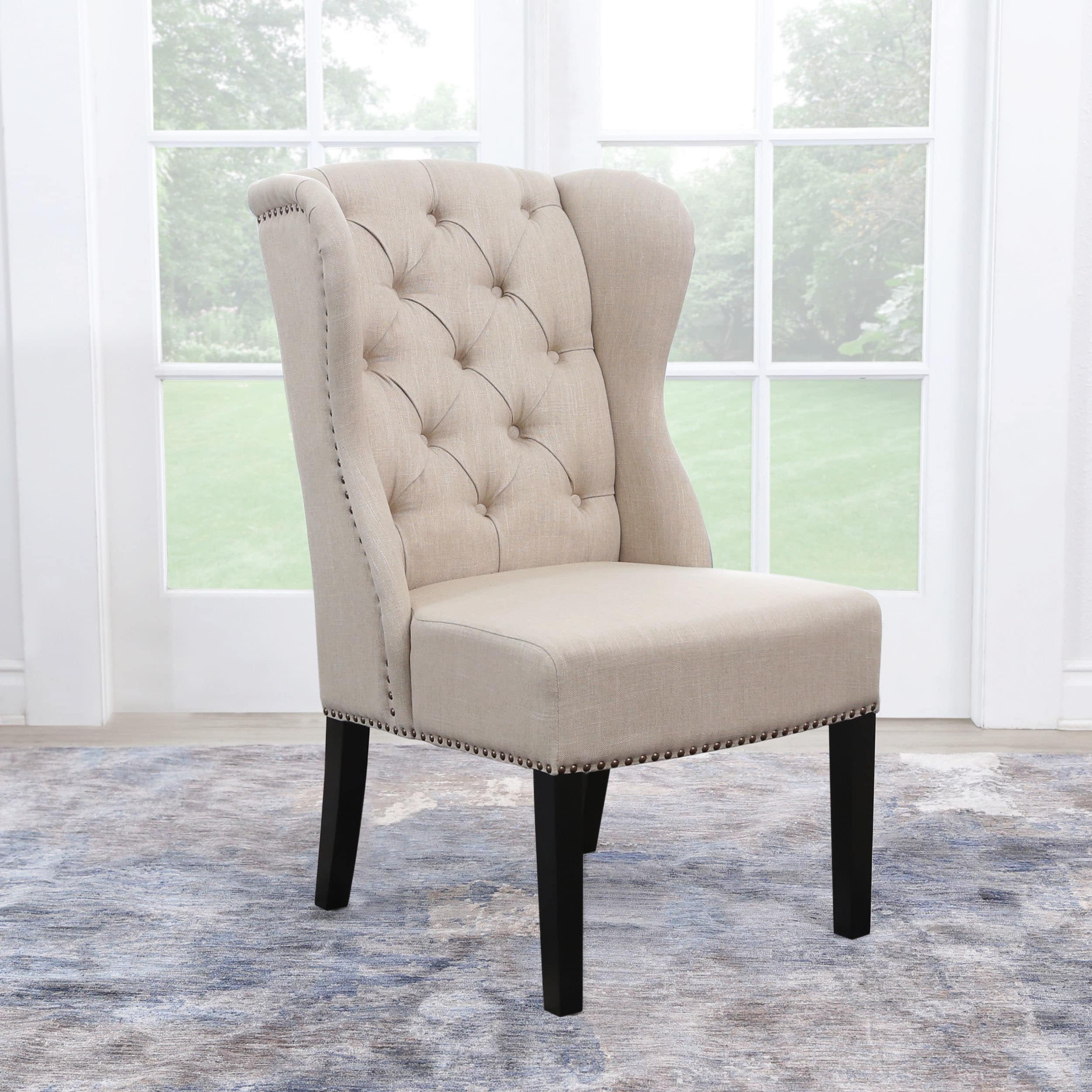 Abbyson sierra tufted cream linen wingback dining chair