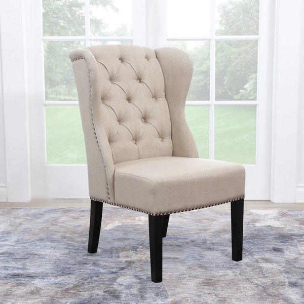 Shop Abbyson Sierra Tufted Cream Linen Wingback Dining ...