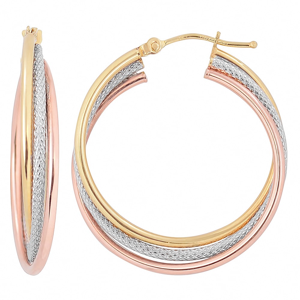 Au Naturale 10k Tri-color Gold High Polish and Textured Twist Hoop Earrings - White