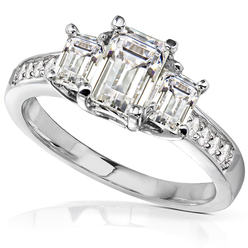 Kobelli 1.65 Carats Moissanite & Natural Diamond 14k Solid White Gold Emerald 3-Stone Pavé Engagement Ring