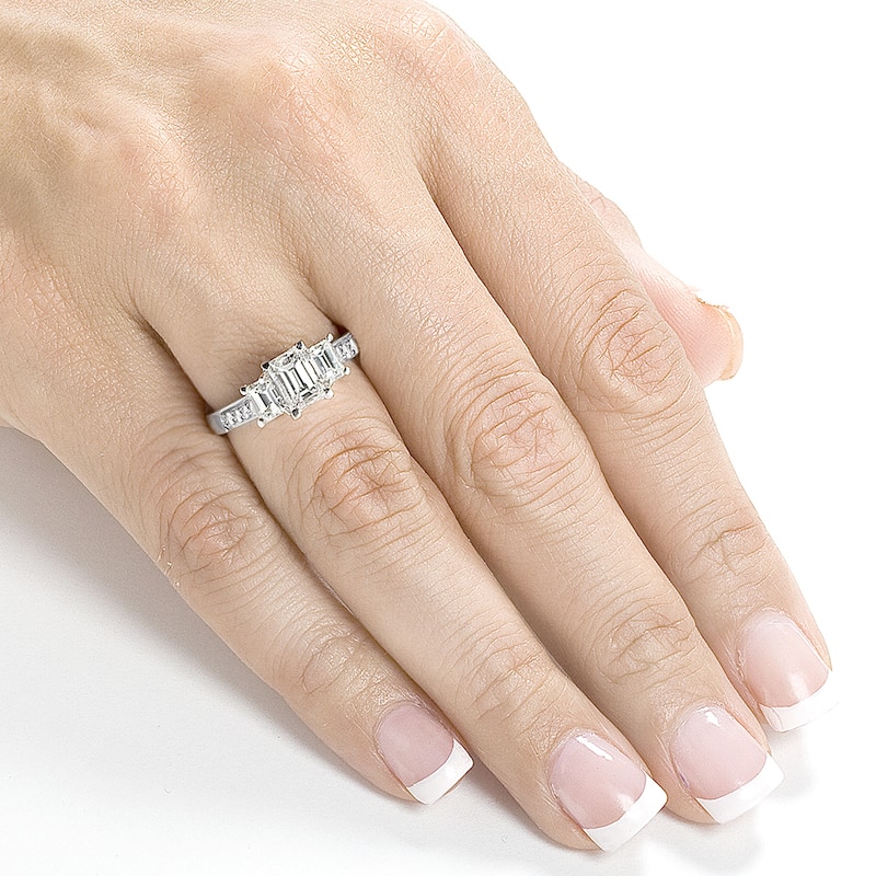 Kobelli 1.65 Carats Moissanite & Natural Diamond 14k Solid White Gold Emerald 3-Stone Pavé Engagement Ring