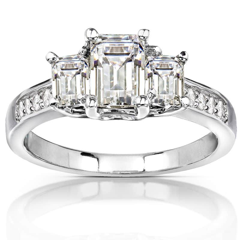 Kobelli 1.65 Carats Moissanite & Natural Diamond 14k Solid White Gold Emerald 3-Stone Pavé Engagement Ring