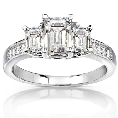 Kobelli 1.65 Carats Moissanite & Natural Diamond 14k Solid White Gold Emerald 3-Stone Pavé Engagement Ring