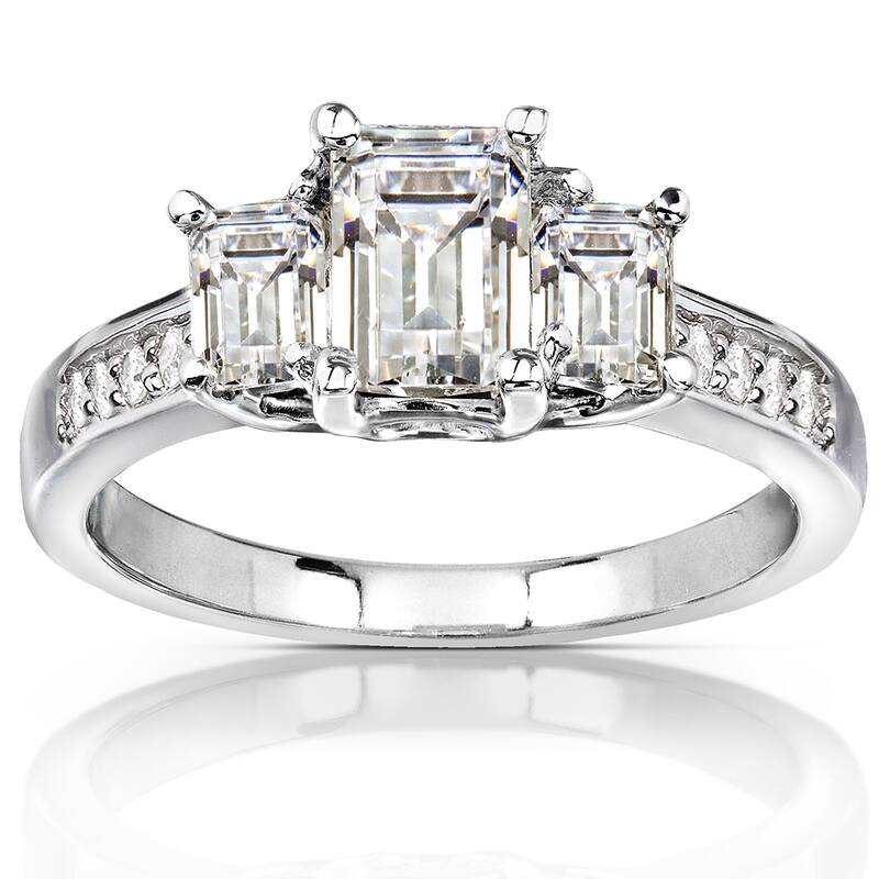 Kobelli 1.65 Carats Moissanite & Natural Diamond 14k Solid White Gold Emerald 3-Stone Pavé Engagement Ring