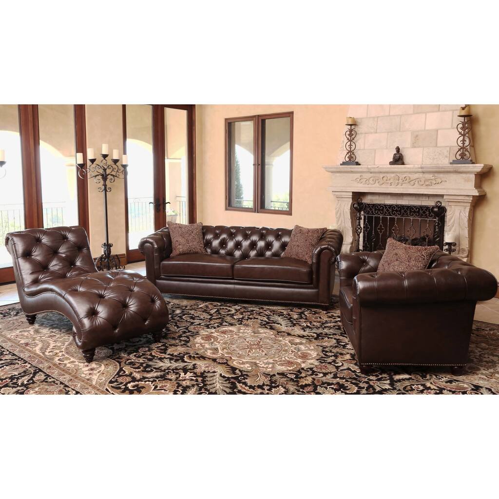 Abbyson Carmela Dark Brown Top Grain Leather Chesterfield 3 Piece Living Room Set