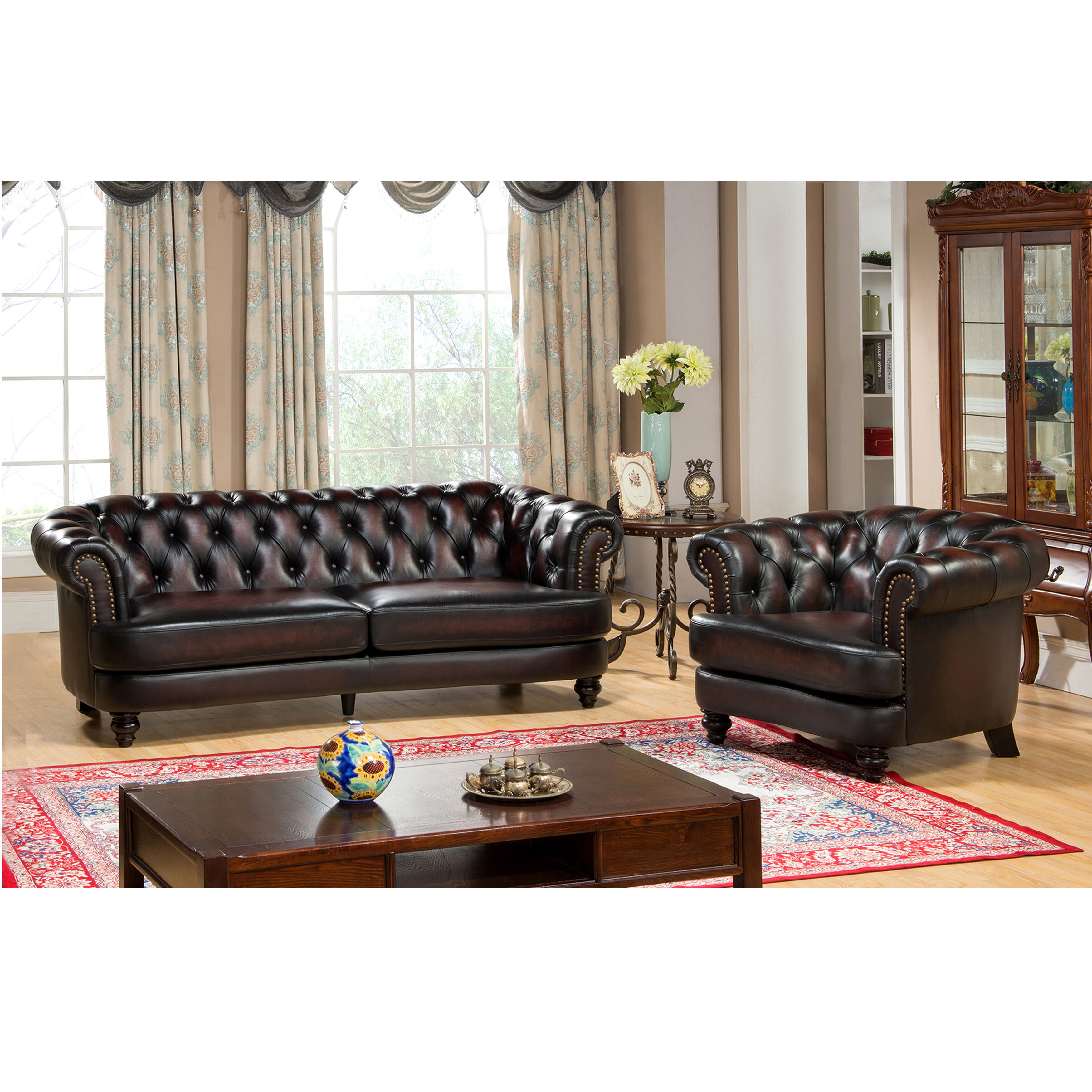 Shop Moore Hand Rubbed Tufted Brown Chesterfield Top Grain Leather Sofa