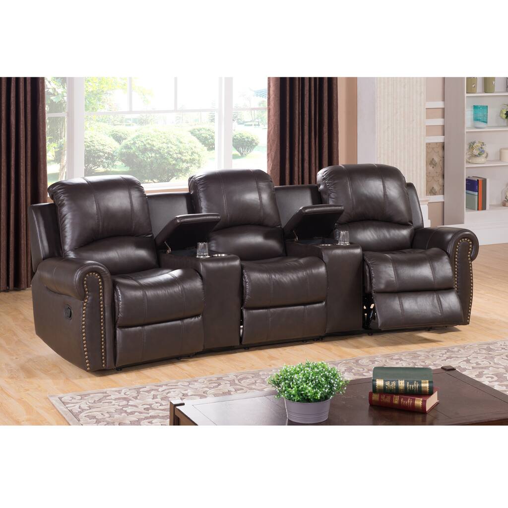 Walden Three Seat Brown Top Grain Leather Recliner Home Theater Seating Set