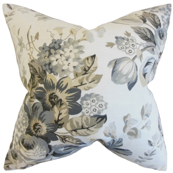 Quela Floral Pewter Down and Feather Filled 18-inch Throw Pillow