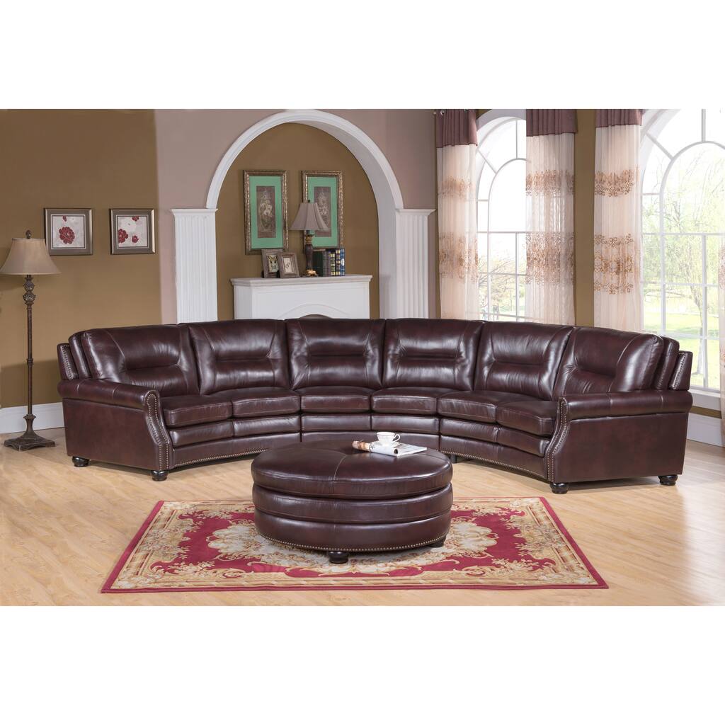 Centro Chocolate Brown Curved Top Grain Leather Sectional Sofa and Ottoman