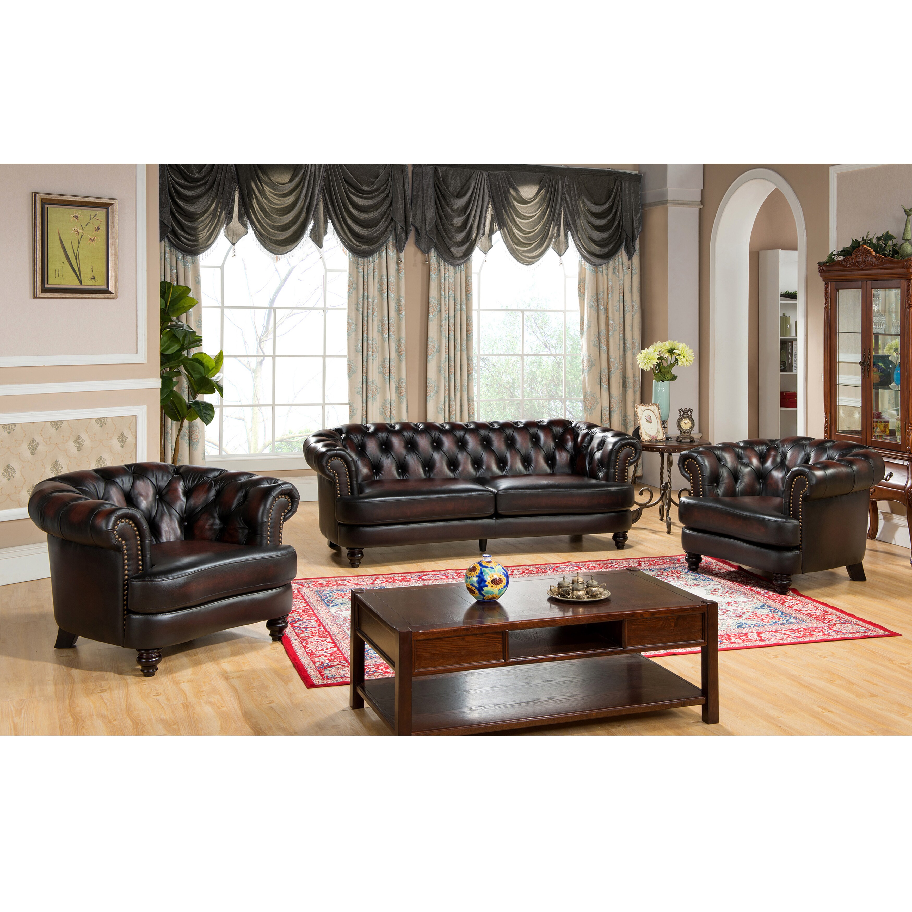 Moore Hand Rubbed Tufted Brown Chesterfield Top Grain Leather Sofa And Two Chairs Overstock 9556631