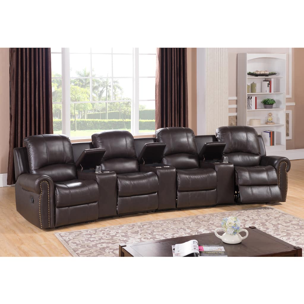 Walden Four Seat Brown Top Grain Leather Recliner Home Theater Seating Set