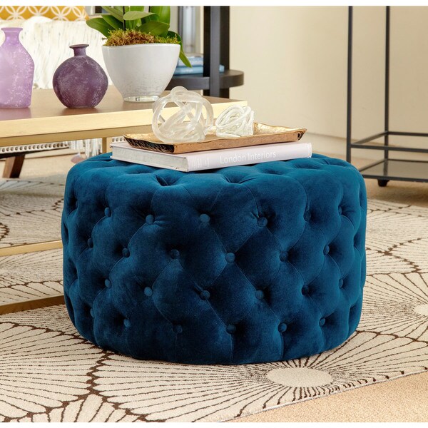 Abbyson Ella Blue Tufted Round Velvet Ottoman - Free Shipping Today ...