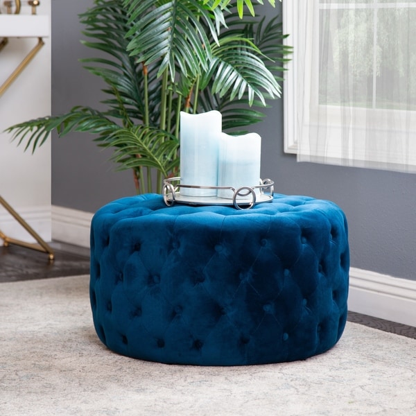 Shop Abbyson Ella Blue Tufted Round Velvet Ottoman - On ...