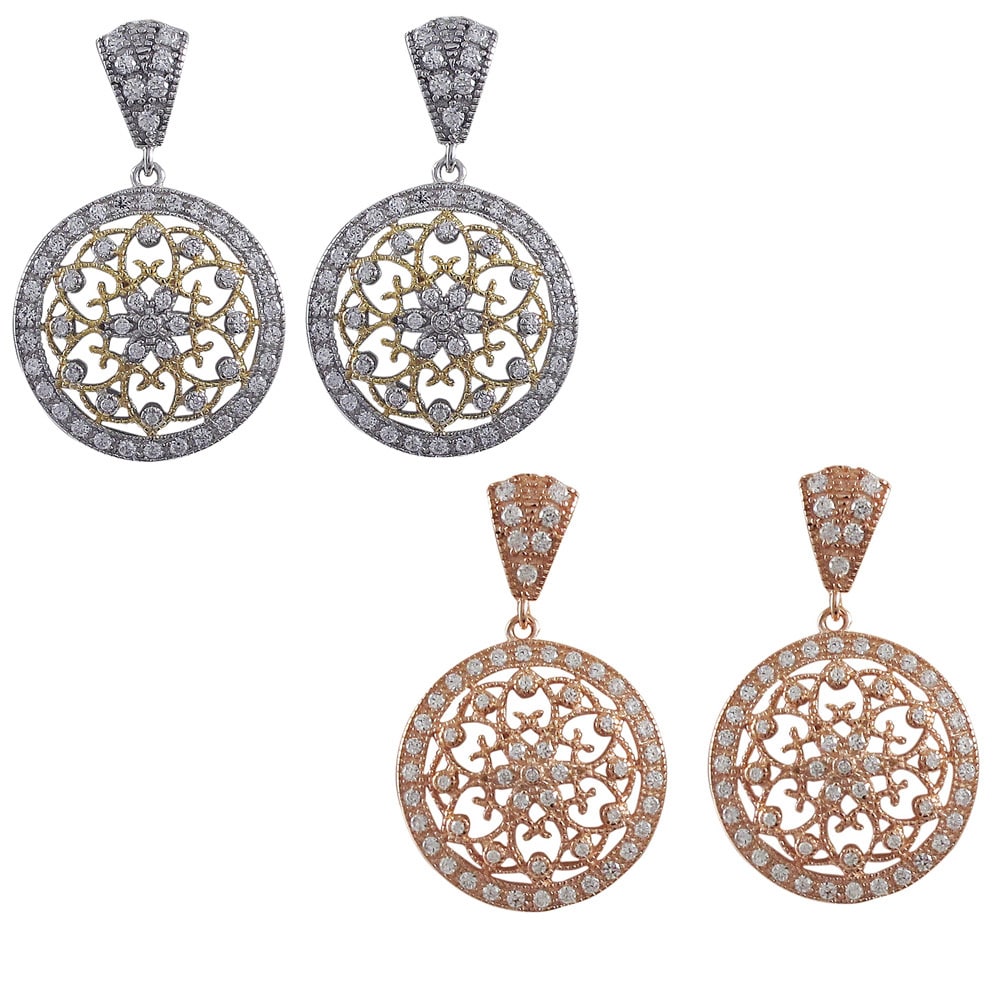 Gold Tone over Sterling Silver Cubic Zirconia Filigree Medallion Dangle Earrings