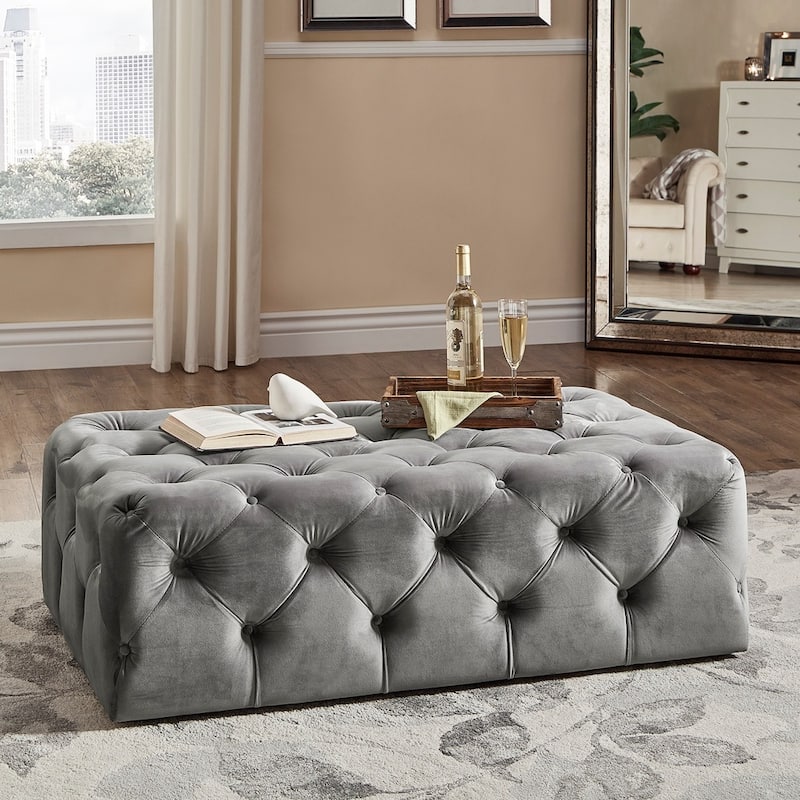 Knightsbridge Rectangular Tufted Ottoman with Casters by iNSPIRE Q Artisan - Grey Velvet