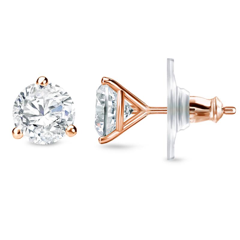 14k Gold 1ct TDW 3 prong Lock Back Round Diamond Stud Earrings by Auriya