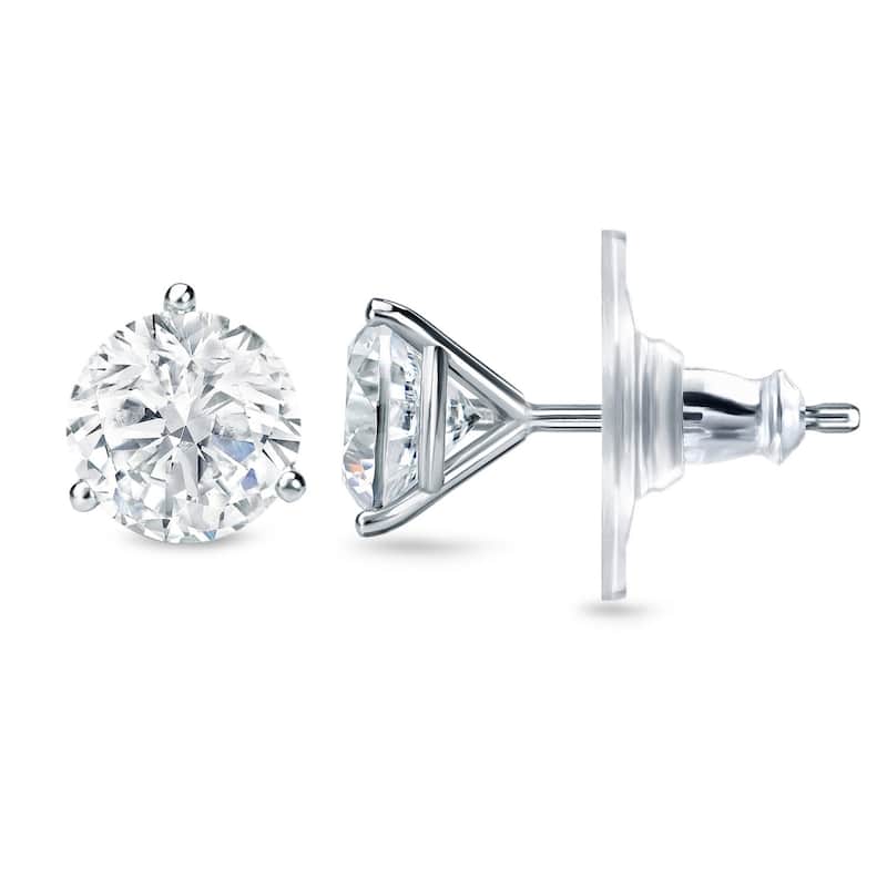 Auriya 2 carat TW 3-Prong Martini Certified Round Diamond Stud Earrings 14k Gold Certified (H-I, SI1-SI2) - H-I, SI1-SI2 - White