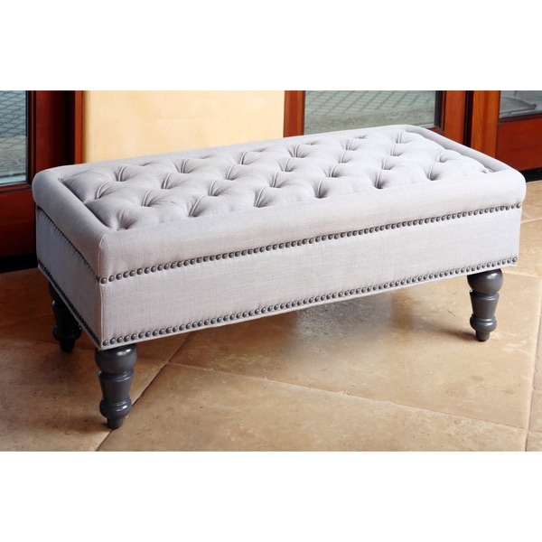 ABBYSON LIVING Felton Steel Blue Tufted Linen Nailhead Trim Ottoman