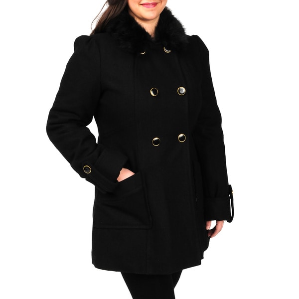 Shop EXcelled Women's Double Breasted Wool Walker with Faux Fur Trim