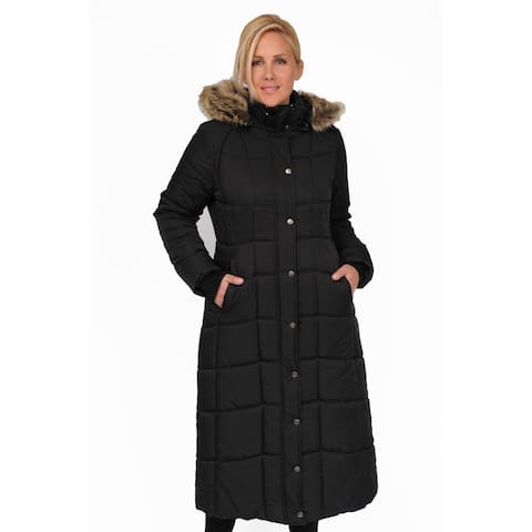 EXcelled Plus Full Length Quilted Faux Fur Trim Hood City Coat