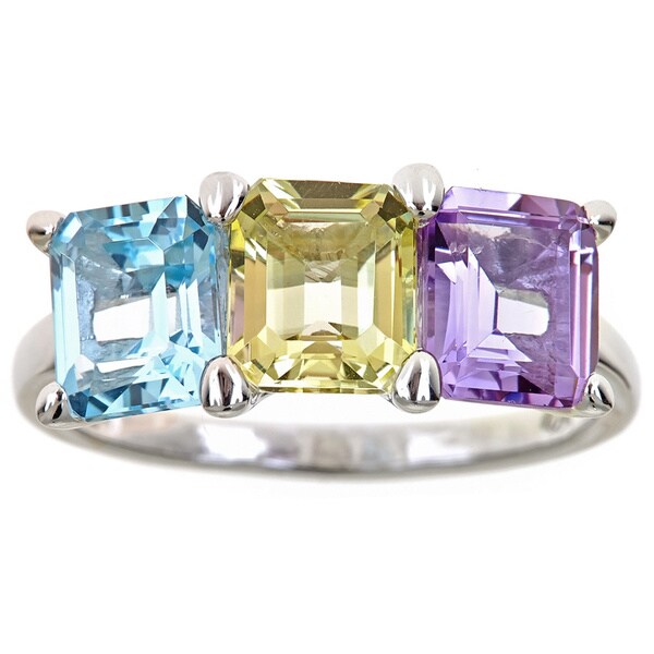 Sterling Silver Emerald-cut Multi-gemstone Ring - Overstock - 9561707