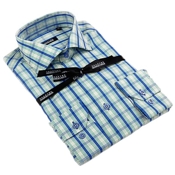 George Rech Mens White Blue/ Green/ White Plaid Button Down Fashion