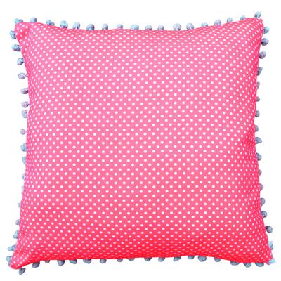 Pink Polka Dotted Decorative 20-inch Throw Pillow with Blue Pom-poms