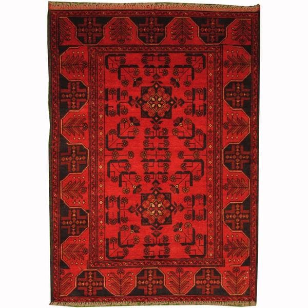 Handmade Herat Oriental Afghan Tribal Khal Mohammadi Red/ Navy Wool Rug (Afghanistan) - 3'5 x 4'10