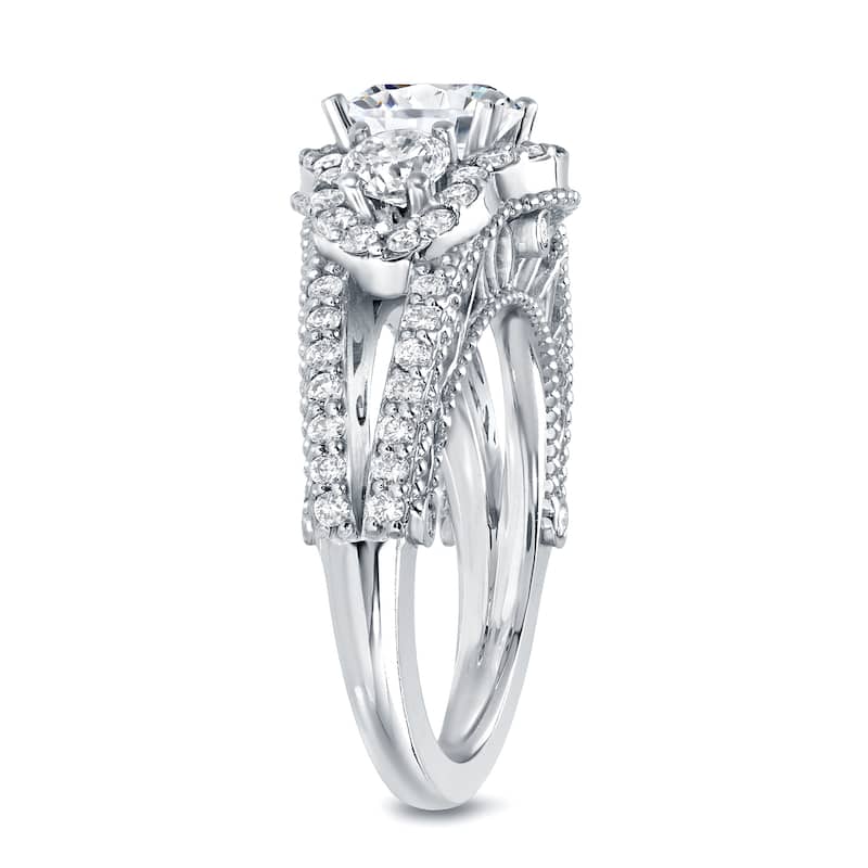 Auriya Vintage Inspired 2 1/5ct TDW 3-Stone Diamond Halo Engagement Ring 14k White Gold (H-I, SI1-SI2)