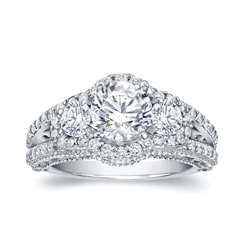 Auriya Vintage Inspired 2 1/5ct TDW 3-Stone Diamond Halo Engagement Ring 14k White Gold (H-I, SI1-SI2)