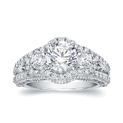 Auriya Vintage Inspired 2 1/5ct TDW 3-Stone Diamond Halo Engagement Ring 14k White Gold (H-I, SI1-SI2)