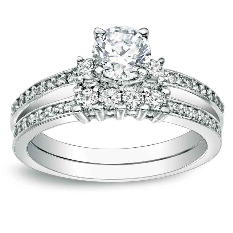 Auriya 14k Gold 1 1/3ct TDW Certified Round Diamond Bridal Ring Set - 4 - White