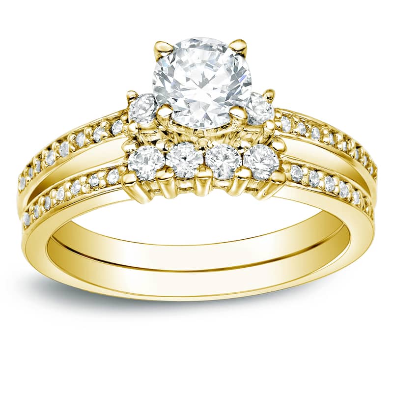 Auriya 14k Gold 1 1/3ct TDW Certified Round Diamond Bridal Ring Set - 4 - Yellow