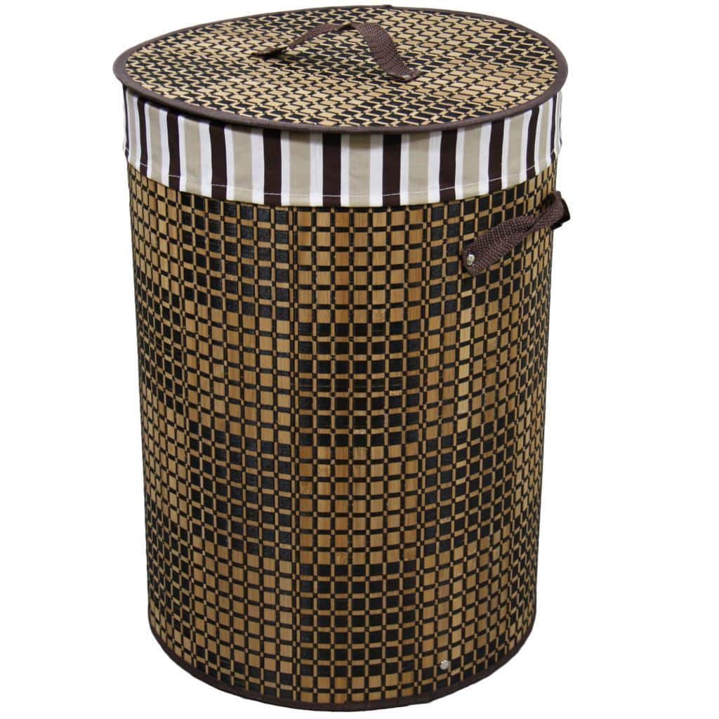 Checkered Round Folding Bamboo Laundry Basket with Handle