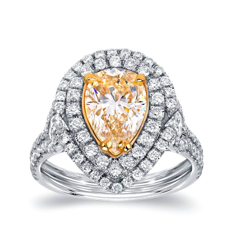 Auriya 18k Two-tone Gold 3ct TDW Certified Natural Fancy Yellow Diamond Pear Double Halo Ring (VS1-VS2)