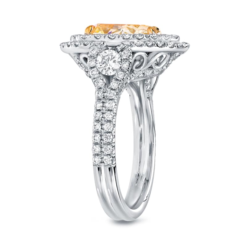 Auriya 18k Two-tone Gold 3ct TDW Certified Natural Fancy Yellow Diamond Pear Double Halo Ring (VS1-VS2)