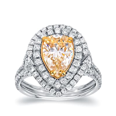 Auriya 18k Two-tone Gold 3ct TDW Certified Natural Fancy Yellow Diamond Pear Double Halo Ring (VS1-VS2)