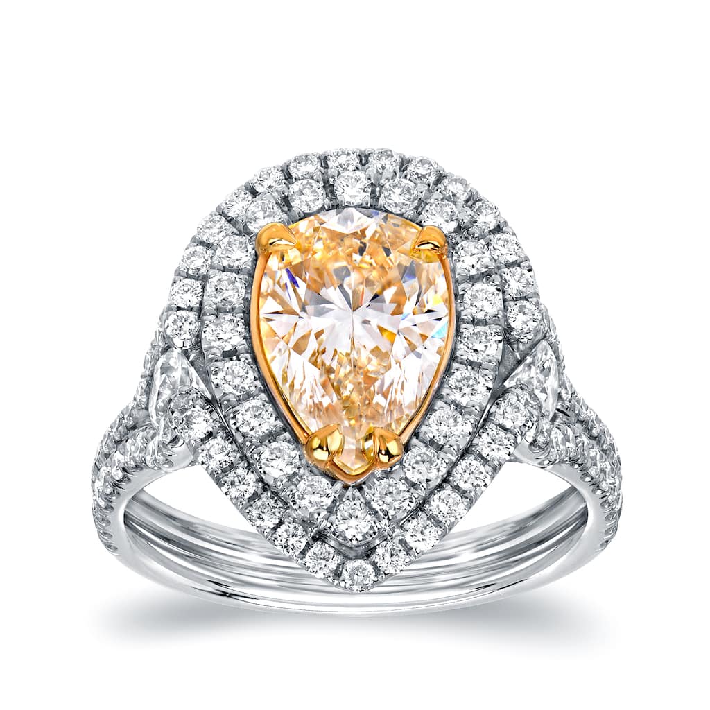 Auriya 18k Two-tone Gold 3ct TDW Certified Natural Fancy Yellow Diamond Pear Double Halo Ring (VS1-VS2)