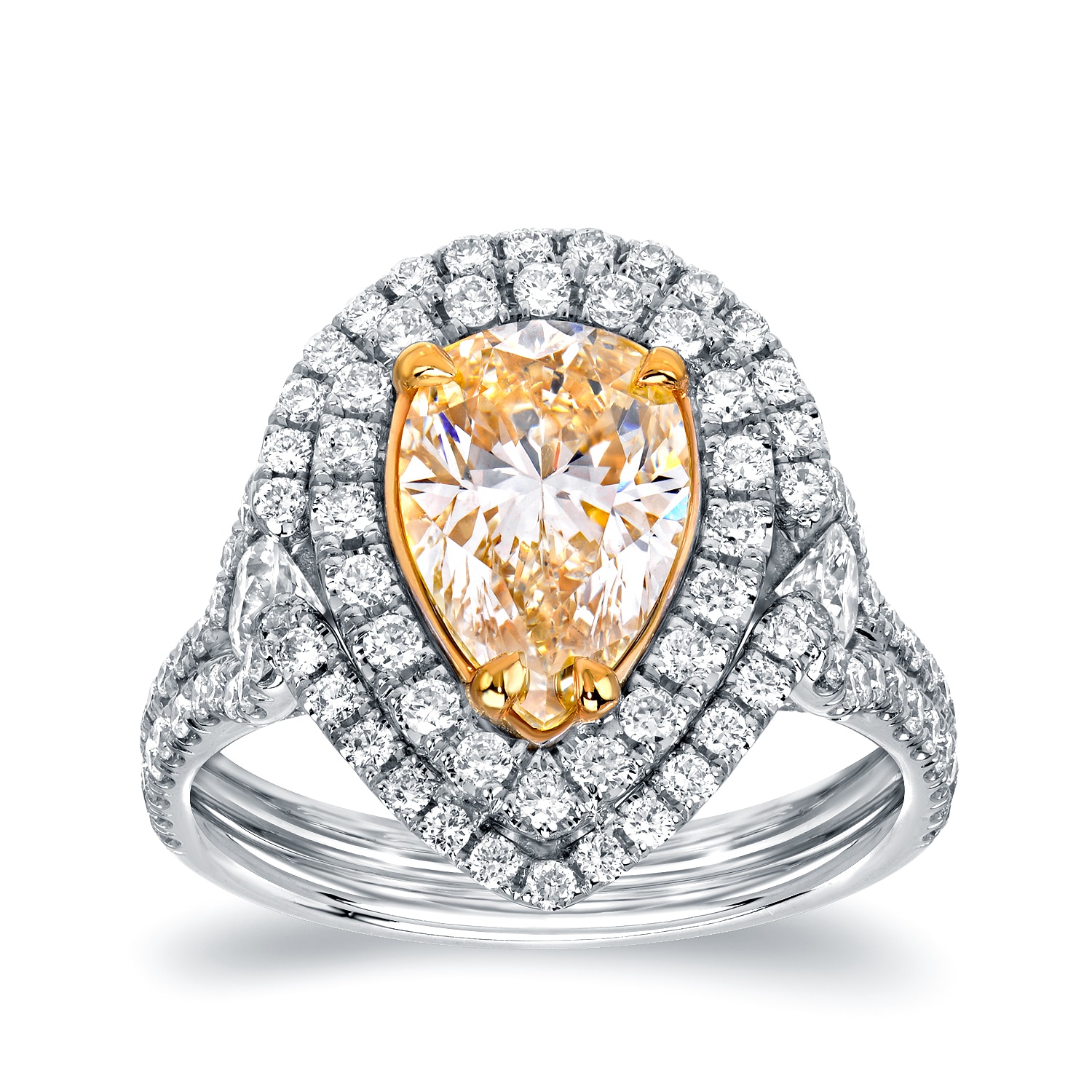Auriya 18k Two-tone Gold 3ct TDW Certified Natural Fancy Yellow Diamond Pear Double Halo Ring (VS1-VS2)