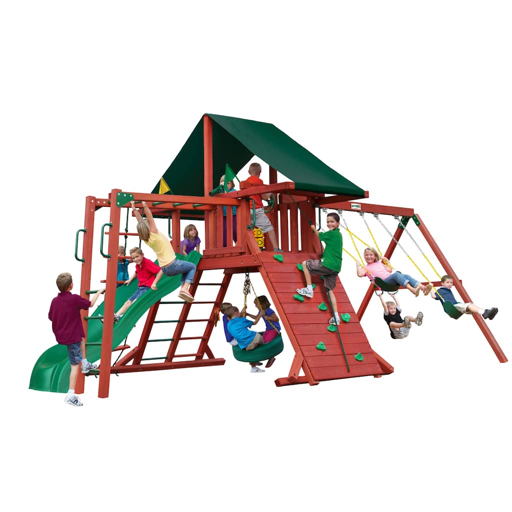 Gorilla Playsets Sun Climber II Wooden Swing Set with Sunbrella Canopy and Monkey Bars