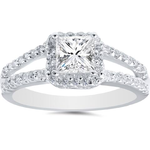 14k White Gold 1ct TDW Princess Diamond Halo Split Shank Engagement Ring