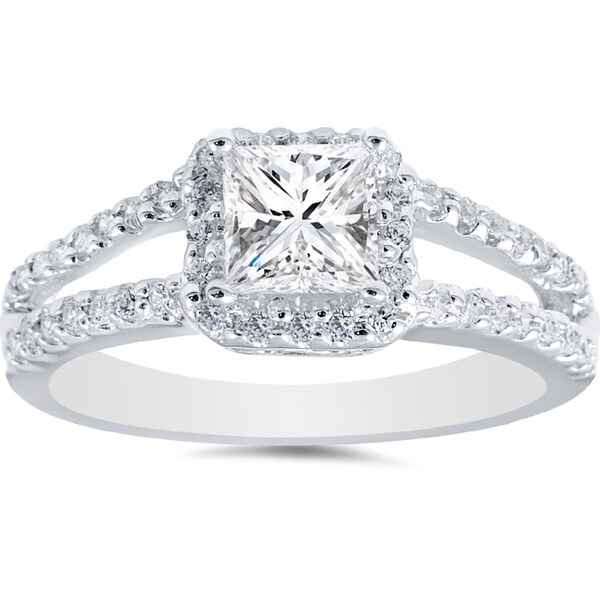 14k White Gold 1ct TDW Princess Diamond Halo Split Shank Engagement Ring