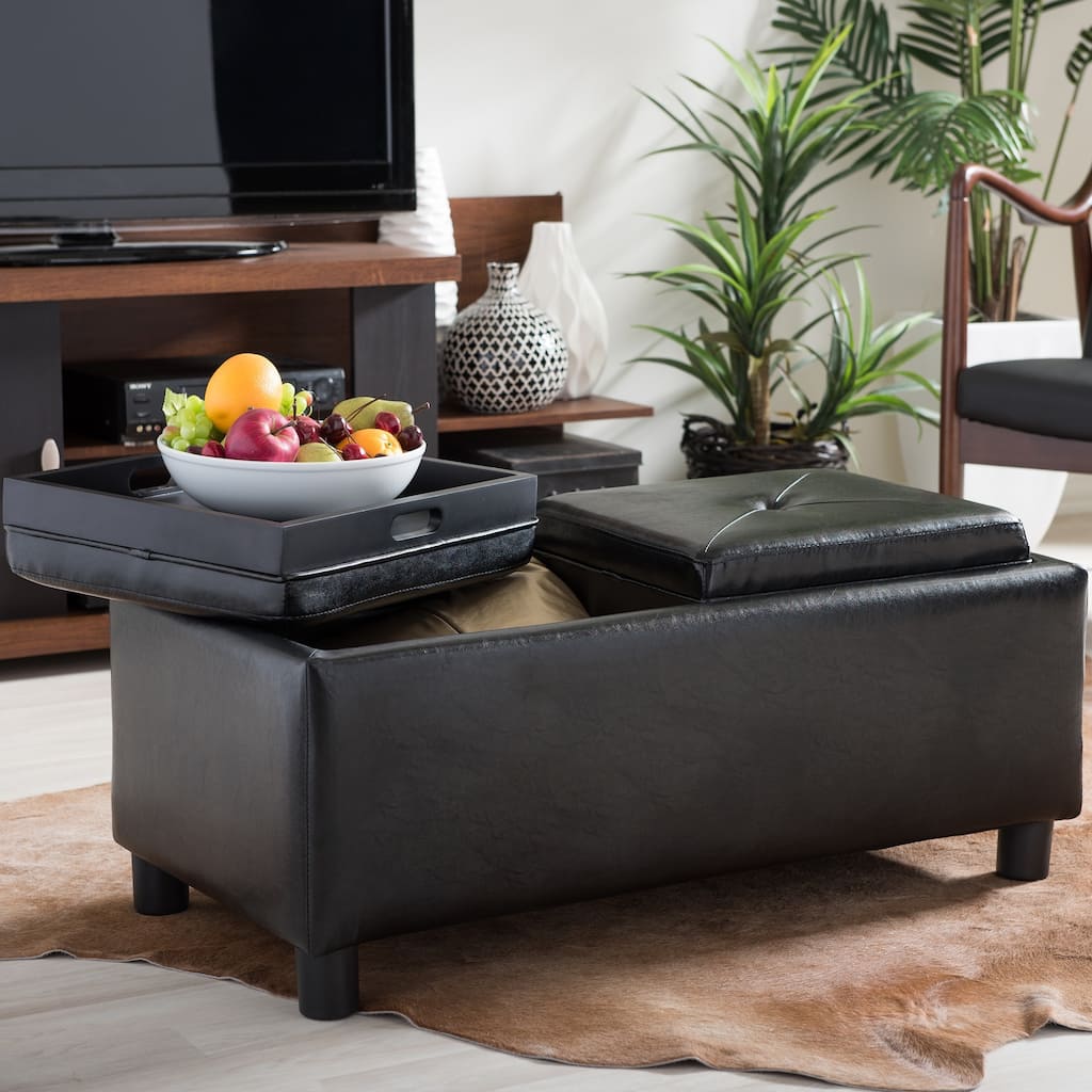 Baxton Studio Billiard Rectangular Dark Brown Bonded Leather Storage Ottoman with Serving Trays