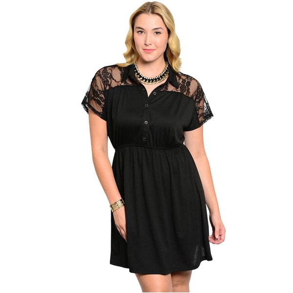 Shop The Trends Women's Plus Size Collared Button Down Dress with Lace ...