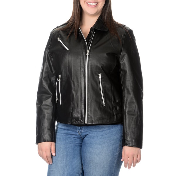 EXcelled Women's Plus Size Black Leather Belted Motorcycle Jacket
